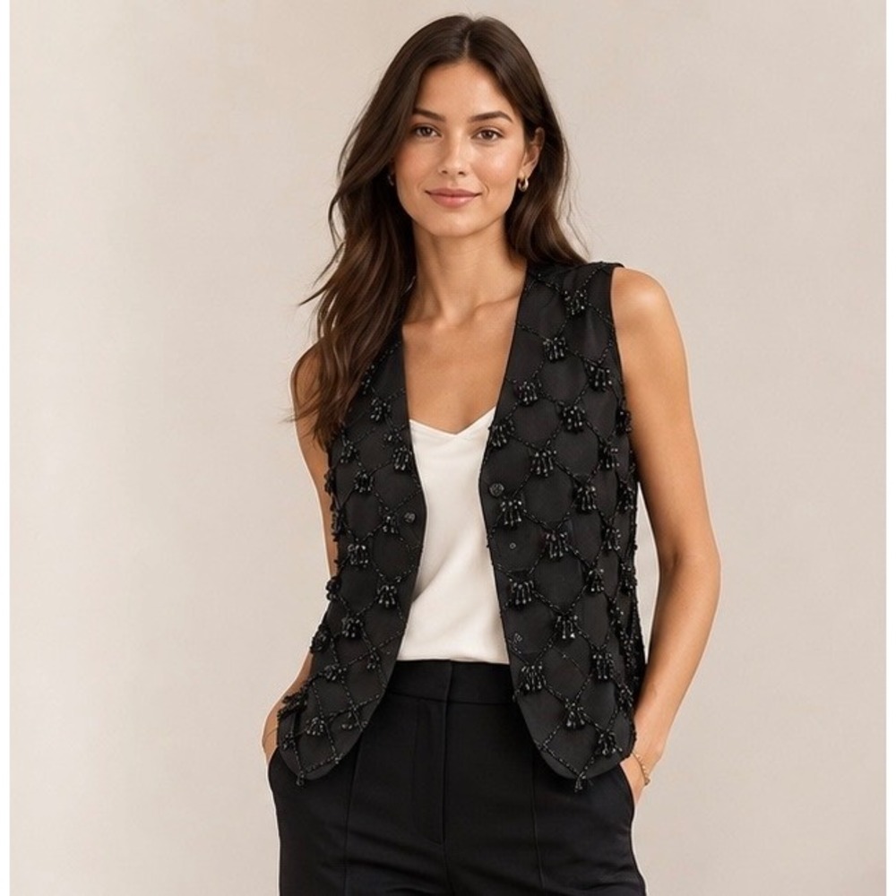 Vintage I.B. Diffusion Black Silk Beaded Vest Size 10 Hong Kong 90s Glamour